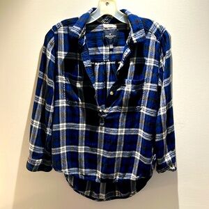 Navy Plaid asymmetrical Flannel